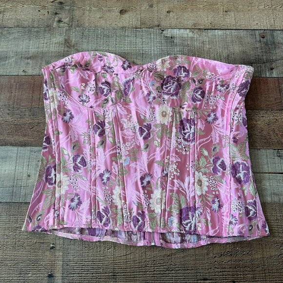 PrettyLittleThing Pink Floral Jacquard Satin Corset Top UK 16 USA 12 - Picture 1 of 6